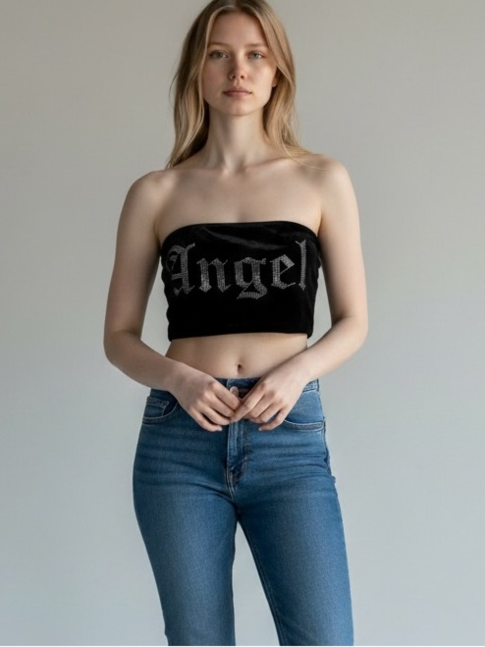 SHEIN Angel Graphic Velvet Tube Top Strapless Crop Size M